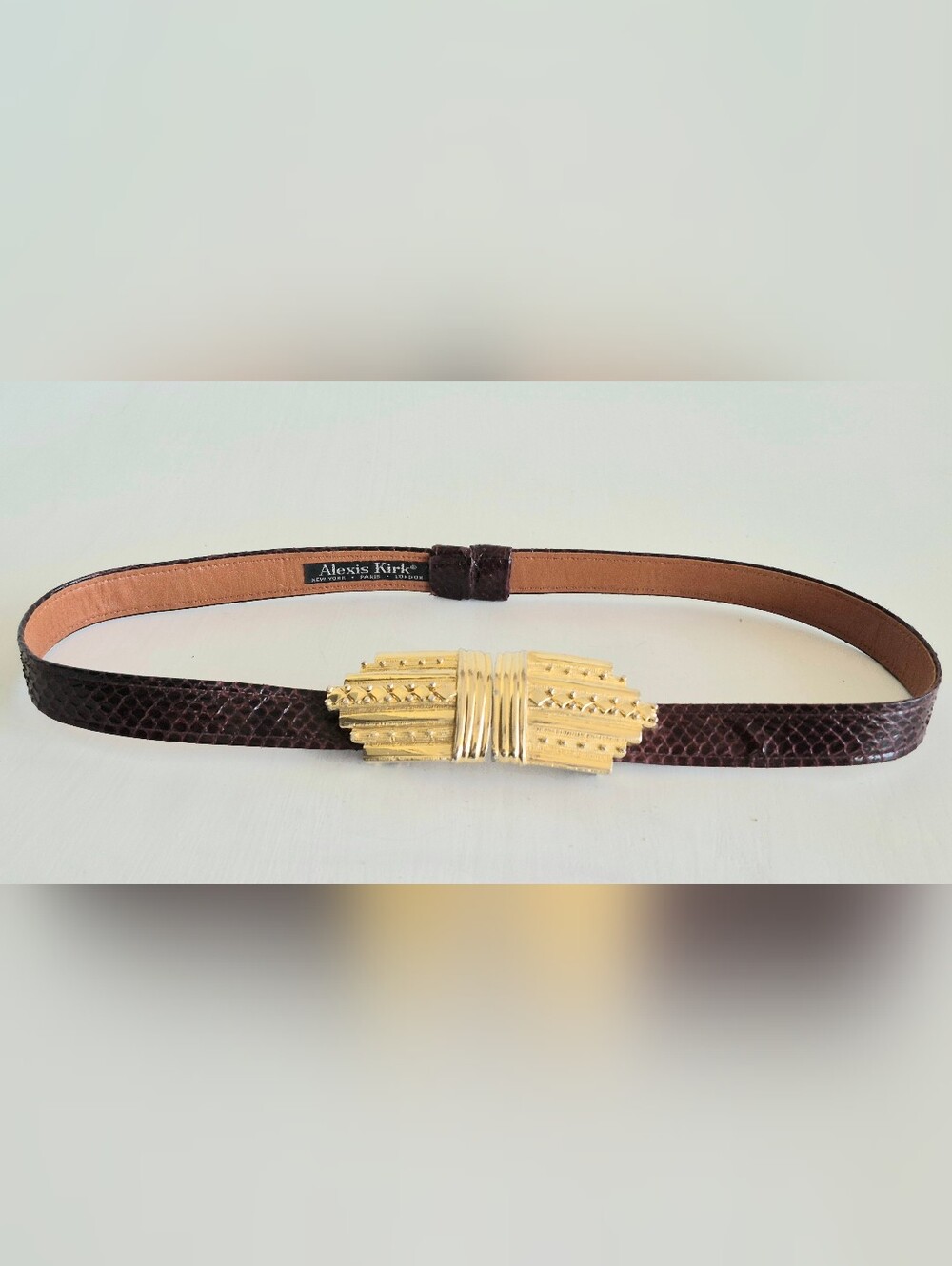 Alexis Kirk Snakeskin Textured Brown Leather Belt with Sculpted Gold Buckle-36"